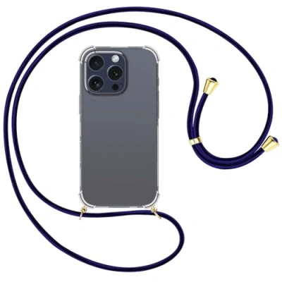 Abbildung von mtb more energy® Handykette kompatibel mit iPhone 16 Pro schwarz+dunkelblau/Metallteile: Gold Smartphone Hülle zum Umhängen TPU Case