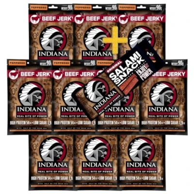 Abbildung von INDIANA Beef Jerky Trockenfleisch, High Protein, ohne Zuckerzusatz + Salami Snack 18g (10 x 90g, Peppered)