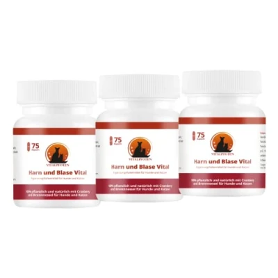 Abbildung von Vitalpfoten 3x75 Harn und Blase Vital Kapseln für Hunde &amp; Katzen mit Cranberry, Mannose Brennnessel, pflanzliche Hausmittel Rezeptur die Harnwege