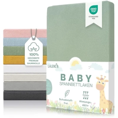Abbildung von Laleni Premium Spannbettlaken 60x120x15 cm Babybett Oeko TEX zertifiziertes Bettlaken 60x120 Kinderbett Kinderbettwäsche aus 100% Baumwolle Baby in Grün