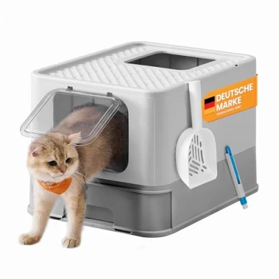 Abbildung von Feandrea Katzenklo, Katzentoilette, mit Deckel, ausziehbares Tablett, Schaufel, Bürste, für Katzen bis 15 kg, weniger Spuren, auslaufsicherer Boden, hellgrau Taubengrau PPT001GD03