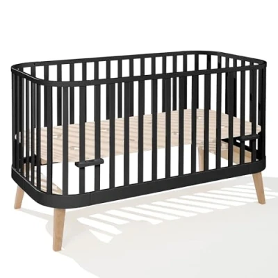 Abbildung von ATB MEBLE Gitterbett 140x70 cm 2in1 Babybett Kinderbett Principal Beistellbett Baby aus Holz Bett Mitwachsend umbaubar Jugendbett Schwarz