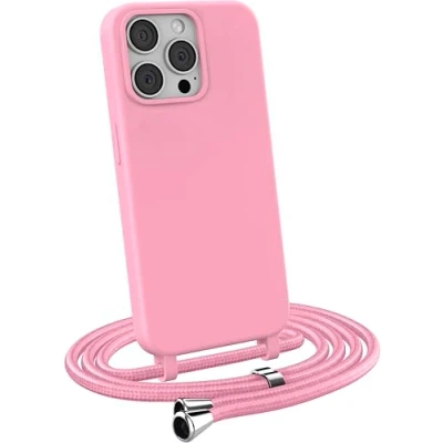 Abbildung von MyGadget Handykette für iPhone 15 Pro Max [ Hülle mit verstellbaren Band ] TPU Handyhülle Handyband zum Umhängen Kordel Schnur Case Schutzhülle Pastell Rosa