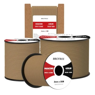 Abbildung von Brotree Paracord 3mm 50M 100% Nylon Seil Schnur Typ II 425 mit 3 Kern für Survival, Outdoor, Armband, Basteln Bruchlast 192kg (Bräune)