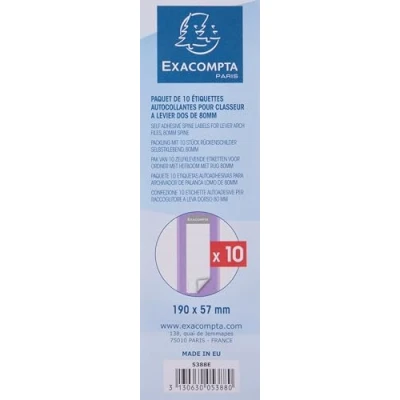 Abbildung von Exacompta 5388E 10er Pack Ordner Rückenschild. Etiketten 80 x 180 mm selbstklebend für weiß mit Beschriftungslinien