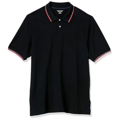 Abbildung von Amazon Essentials Herren Polohemd mit normaler Passform aus Baumwollpiqué (erhältlich in Big &amp; Tall), Schwarz Rot Weiß Thin Stripe, M
