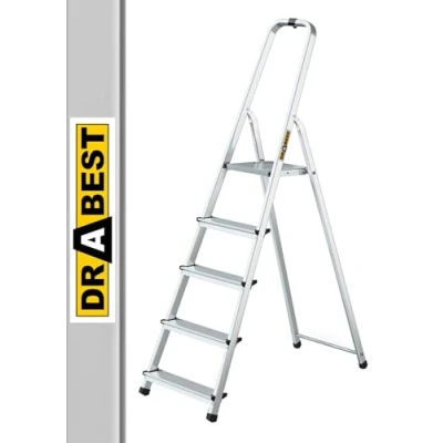 Abbildung von DRABEST Trittleiter klappbar Aluleiter 5 Stufen mit Ablage Stufenleiter Haushaltsleiter Belastbar bis 125 kg Stehleiter kostenloser Haken