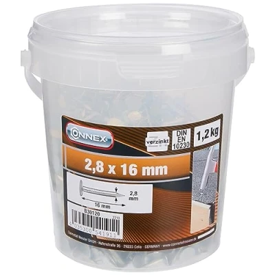 Abbildung von Connex Dachpappstifte 2,8 x 16 mm 1200 g Senkkopf Verzinkt Aufbewahrung in praktischem Eimer Ideal für Dachpappe &amp; Schiefernplatten / Breitkopfstifte Dachpappennägel Großpack B30120