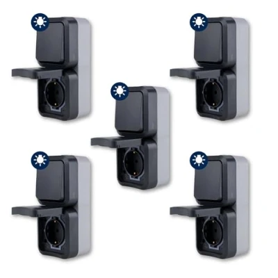 Abbildung von REV 5x Steckdose mit Lichtschalter AquaStorm SPARSET Feuchtraum, Aufputz, IP55, senkrecht, 230V, 16A, anthrazit