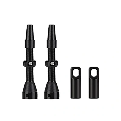 Abbildung von FOMTOR Tubeless Presta Ventilschaft, Aluminiumlegierungsschäfte mit Value Core Remover Tool und Ventilschaftkappen passend für die meisten schlauchlosen Fahrradfelgen (Schwarz, 44MM, Paar)