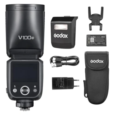Abbildung von Godox V100C 2,4G kabelloser Kamerablitz 100W Rundkopf Speedlite 1/8000s 2980mAh AKKU Eingebaute LED Einstelllampe mit abnehmbarem Sub Blitz+24 Stück Blitzgele für Canon EOS Kameras