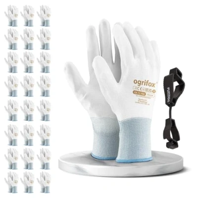 Abbildung von FUZZIO 24 Paar Ogrifox PU besichtet Arbeitshandschuhe Handschuh Klammern (M (24er Pack), Weiß)