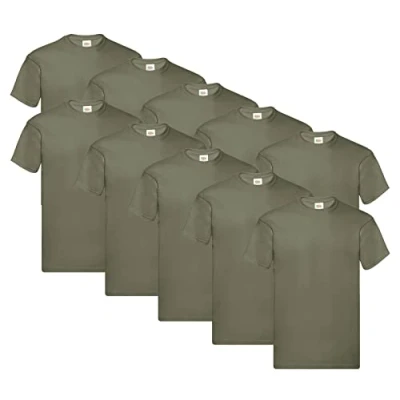 Abbildung von Fruit of the Loom Original T Shirt, Farbe:10x Olive + 1 HL Kauf Notizblock, Größe:M