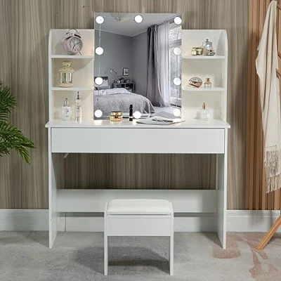 Abbildung von Thanaddo Schminktisch, Frisiertisch mit Spiegel, Hocker, Schublade &amp; 4 offene Ablagen, Schlafzimmerkommode, Modern Kosmetiktisch, Weiß