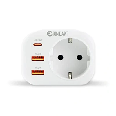 Abbildung von Unidapt 20W USB C Ladegerät Schnellladefunktion Adapter Steckdose mit 3 USB, 4000W(16A) Steckdosenleiste, Steckeradapter 2 A QC 3.0 und 1 PD Anschluss, Weiß