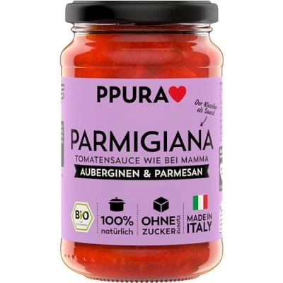 Abbildung von PPURA Bio Tomatensauce Parmigiana Pasta Sauce mit Auberginen &amp; Parmigiano Reggiano Sugo Made in Italy 100% Natürlich Ohne Zusatzstoffe Nudel Soße Parmesan 340g Glas
