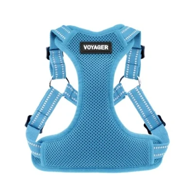 Abbildung von Voyager Verstellbares Hundegeschirr mit Reflektorstreifen by Best Pet Supplies Strapazierfähige Ganzkörperweste ohne Zugkraft Leinen D Ring, atmungsaktiv, Babyblau, size XL