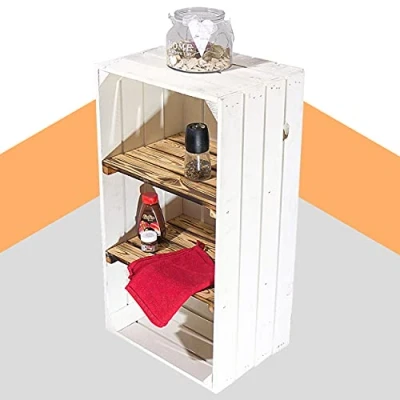 Abbildung von Weiße Apfelkiste mit 2 geflammten Mittelbrettern 68cm x 40cm 31cm Schubox flambiert Obstkiste Weinkiste modern Schuhregal Bücherregal Kistenregal Einlegeböden Wandregal