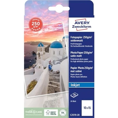 Abbildung von Avery Zweckform Art. C2570 20 Premium Inkjet Fotopapier (20 Blatt, 250 g/m², 10x15cm, seidenmatte Fotokarten, einseitig beschichtet, sofort trocken &amp; wischfest, Fotoblätter für Drucker) weiß