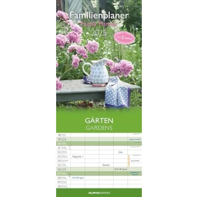 Abbildung von Alpha Edition Gärten 2025 Familienplaner, 19,5x45cm, Familienkalender mit 5 Spalten für Termine, Mondphasen, Kalenderwochen, Ferientermine DE/AT/CH und internationales Kalendarium