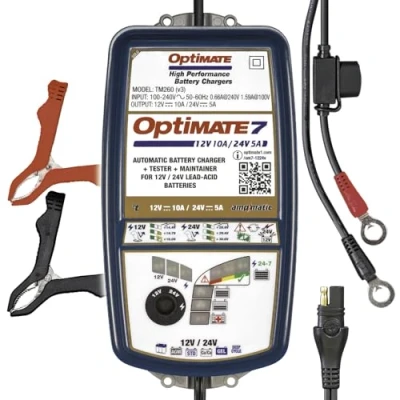 Abbildung von TecMate OptiMate 7 12V/24V, TM260, 8 stufiges gekapseltes batterieschonendes 12V 10A / 24V 5A Lade &amp; Wartungsgerät, Blau