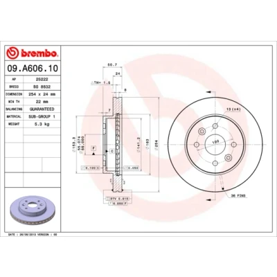 Abbildung von BREMBO 09.A606.10 Bremsscheibe 254 24 4 innenbelüftet KIA: Rio I Kombi