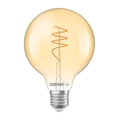 Abbildung von OSRAM Vintage 1906 Globe ist eine warmweiße LED Lampe mit spiralförmigem Filament in klassischer Ballform. Sie bietet 3.4 W für 470 lm, E27 Fassung, goldfarbenes Glas, 95 mm Durchmesser, 2700 K.