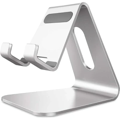 Abbildung von Lucrave Handy Ständer, Halterung, Aluminium Desktop kompatibel mit Switch, Allen Smartphones, iPhone 16 15 14 13 12 Mini Pro Max Xs Xr X SE 8 7 6 6s Plus 5 5s, Silber