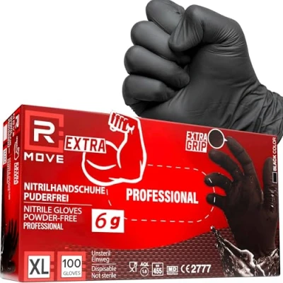 Abbildung von R MOVE 100 Einweghandschuhe Schwarz XL, Nitrilhandschuhe EXTRA BESTÄNDIG, einmalhandschuhe +60% Dicke, 6 gr, puderfrei &amp; latexfrei, handschuhe einweg für Mechaniker, Tätowierer, Kosmetikerinnen (XL)