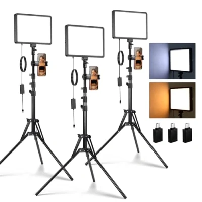 Abbildung von NEEWER Basics 3er Pack LED Videolicht Panel Studiolicht Set mit Stativ &amp; Handyhalter für Videoaufnahmen Fotografie Streaming, 850lx/0,5m Bi Color 2700 6500K dimmbares Key Light, BP300
