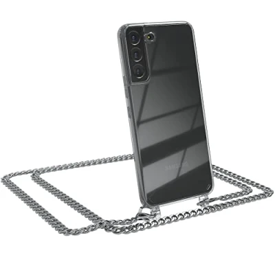 Abbildung von EAZY CASE Handykette kompatibel mit Samsung Galaxy S22 Plus 5G Handyhülle Metal Umhängeband und Ersatz Kordel schwarz, Handykordel Schutzhülle, Stylische Kette, Silber