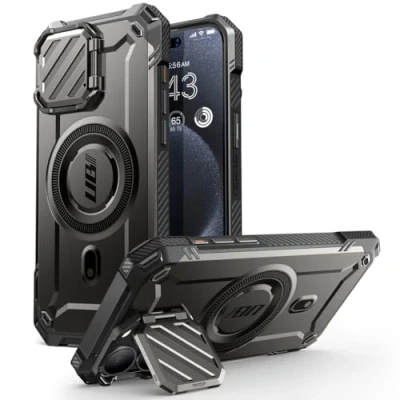 Abbildung von SUPCASE für iPhone 15 Pro Hülle mit Kameraschutz [Kompatibel MagSafe] Dünne Handyhülle Bumper Case Magnetische Schutzhülle Ständer [UB Mag XT] 2023, Schwarz