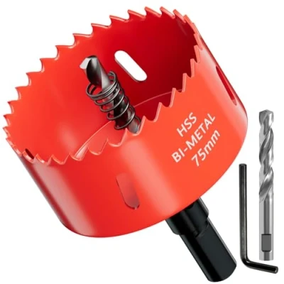 Abbildung von GARHWAL Bi Metall Lochsäge 75mm, Bohrkrone, Lochbohrer, mit Dreiecksschaft Adapter und Zentrierbohrer Präzises schnelles Schneiden von Holz, Kunststoff, Gipskarton, dünnen Metallplatten mehr