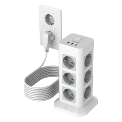 Abbildung von TESSAN Mehrfachsteckdose mit Verlängerungskabel 10M, 12 Fach Steckdosenleiste USB C und 2 A, Steckerleiste Überspannungsschutz, 3600W Steckdosenturm Verteilersteckdose für Zuhause, Grau