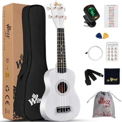 Abbildung von Winzz Sopran Ukulele Starter Kit für Anfänger, mit Tasche, Clip On Tuner, zusätzlichen Saiten, Gurt, Plektron, Griffbrettaufkleber, Akkord Karte, Poliertuch, Weiß
