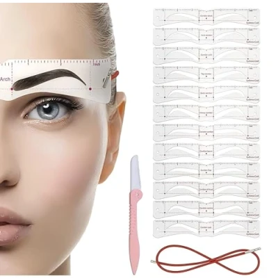 Abbildung von 12 Paare Augenbrauen Schablonen + Eyebrow shaper Halterung, Set für perfektes Brauenstyling ohne Vorkenntnisse