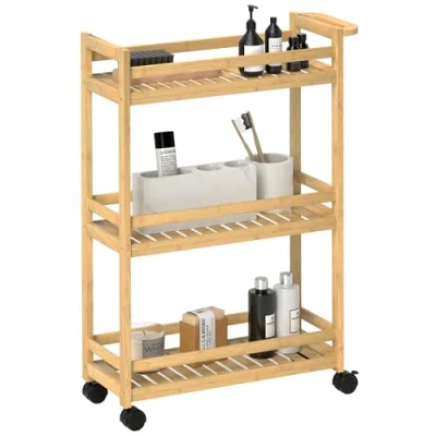 Abbildung von HOMCOM Servierwagen 3 stöckig, aus Bambus, mit Rolle, Griff, (Aufbewahrungswagen, 1 St., Küchenwagen), für Büro, Wohnzimmer, Küche, 55 x 20 75 cm, Naturholz