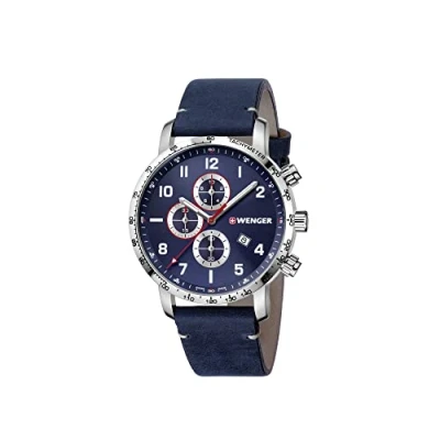 Abbildung von WENGER Herren Armbanduhr Attitude Chronograph Ø 44mm, Swiss Made, Analog Quarz, Wasserdicht bis 100m, Leder Armband, Blau, 01.1543.109