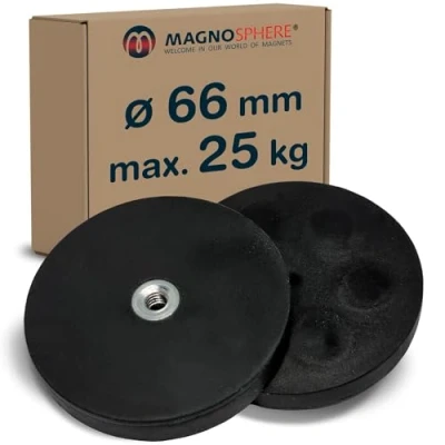 Abbildung von 2 x Neodym Magnet System gummiert Innengewinde Durchmesser Ø 66 mm Innen Gewinde M6 Haftkraft 25 kg Stück NdFeB Magnetsysteme mit Gummimantel Anti Rutsch Beschichtung