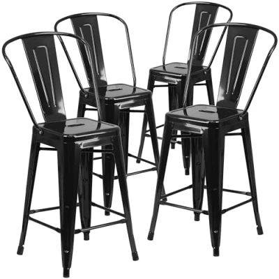 Abbildung von Flash Furniture Lily Hocker in handelsüblicher Qualität, 61 cm hoch, Metall, für drinnen und draußen, mit Abnehmbarer Rückenlehne, Schwarz, 4 Stück