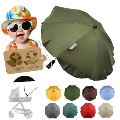 Abbildung von Sonnenschutz universal [Sonnenschirm für Kinderwagen] Buggy UV Schutz 50+ mit Universalhalterung biegsamer Schirm Rund und Ovalrohre verstellbar (olive)
