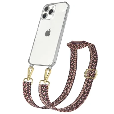 Abbildung von EAZY CASE Handykette mit verstellbarem Trageriemen für iPhone 15 Pro Max Taschengurt zum Wechseln transparenter Handyhülle Hülle dünner Schulterriemen in Beere Pink Gold