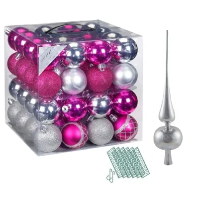 Abbildung von JACK 64x Kunststoff Christbaumkugeln Ø 6cm + Spitze 28cm inkl. Aufhänger Dekor Kugeln Set Weiß Rot Gold Grün Blau Silber, Farbe:Pink Silber