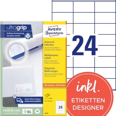 Abbildung von AVERY Zweckform 3475 Adressaufkleber (2.400 Klebeetiketten, 70x36mm auf A4, Papier matt, bedruckbare Absenderetiketten, selbstklebende Adressetiketten mit ultragrip) 100 Blatt, weiß