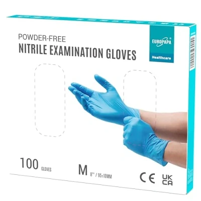 Abbildung von EUROPAPA® 100x Nitrilhandschuhe Box Einweghandschuhe, Einmalhandschuhe, Untersuchungshandschuhe, Nitril Handschuhe, puderfrei, ohne Latex, unsteril, latexfrei, disposible gloves (M, Blau)