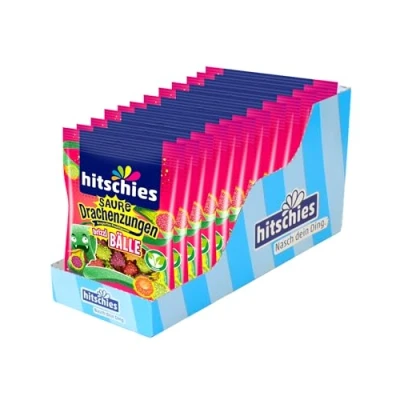 Abbildung von hitschies Saure Drachenzungen brizzl Bälle Mega Knackige Hülle Süßes Fruchtgummi Sorten: Pfirsich, Erdbeere, Apfel, Kirsche Vegan 12 x 100g
