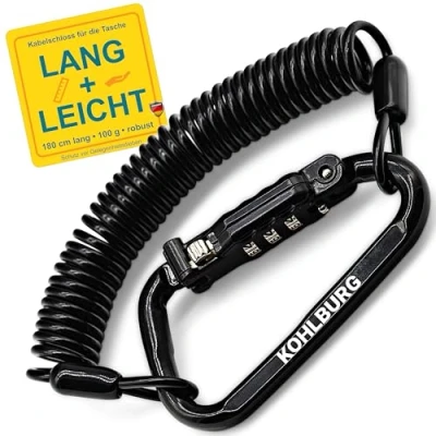 Abbildung von KOHLBURG 180cm extra langes Zahlenschloss für die Tasche Kabelschloss 3mm stark als Kinderwagenschloss, Helmschloss, Snowboardschloss &amp; Skischloss