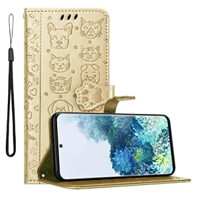 Abbildung von Cadorabo Hülle kompatibel mit Samsung Galaxy S20 Tier Design aus Premium Kunst Leder Flip Klappbare Stoßfeste Magnetische [Standfunktion] [Kartenfächern] Cover für Tasche in Gold