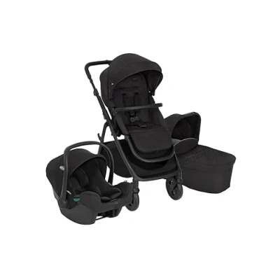 Abbildung von Graco Near2Me™ DLX 3in1 Kinderwagen Set, inkl. Babywanne (0 9 kg) und Babyschale (40 75 cm), bis 22 kg, rückwärts, vorwärts, kompakt gefaltet, Adapter Regenverdeck, schwarz, Midnight