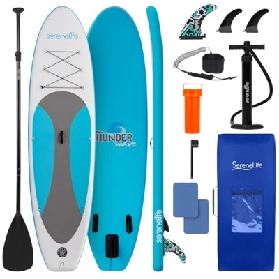 Abbildung von SereneLife Stand Up Paddling Board Set SUP Aufblasbar mit Paddel, Pumpe, Leine, Finne, Rucksack &amp; Mehr SUB Paddleboard für Kinder Erwachsene Wassersport in Seen, Flüsse Meer